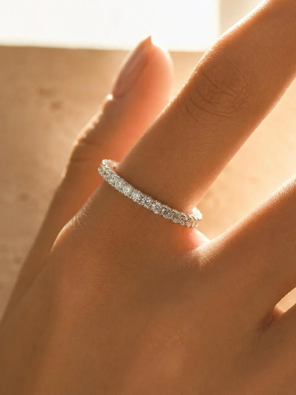 Moissanite Eternity Band Silver, Stacking Ring, Pave Wedding Band Museori - Picture 2 of 7